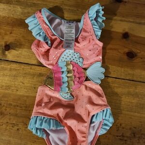 Cracker Barrel Coral Pink One-Piece Swimsuit with Aqua Ruffles & Mermaid Fish
